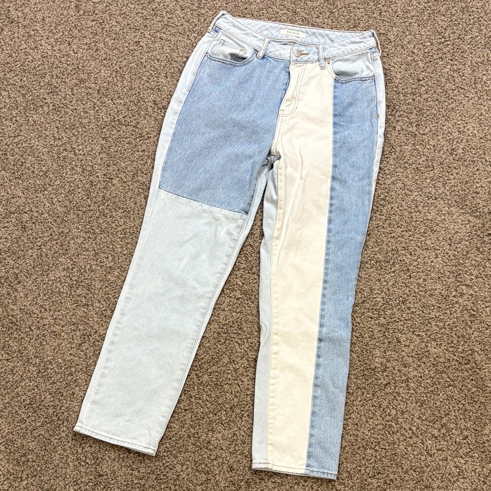PacSun Colorblock Straight Leg Jeans in Light Blue and Cream